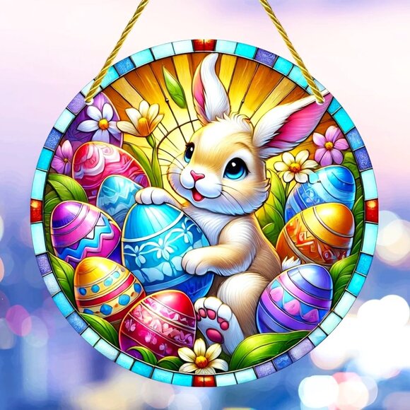 Suncatcher Easter Bunny Rabbit Eggs Hanging Window Decor Colorful In/Outdoor NEW - Picture 1 of 4